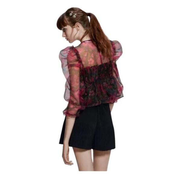 Zara Red Floral Organza Sheer Floral Frill Puff Sleeve Blouse * - Picture 2 of 11